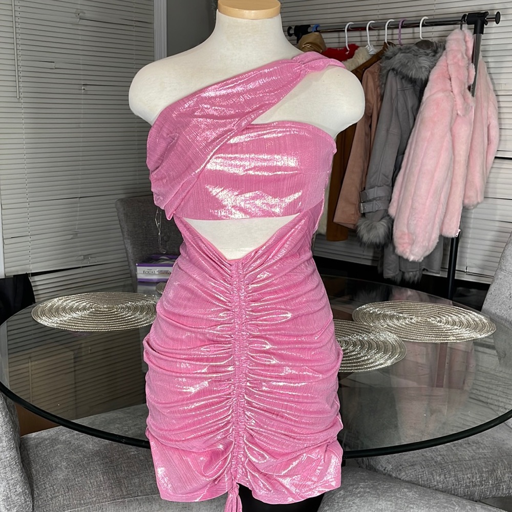 Shimmer pink ruched front cut out dress